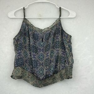 American Eagle Boho Smocked Chiffon Crop Top Sz S Round Neck Spaghetti Strap